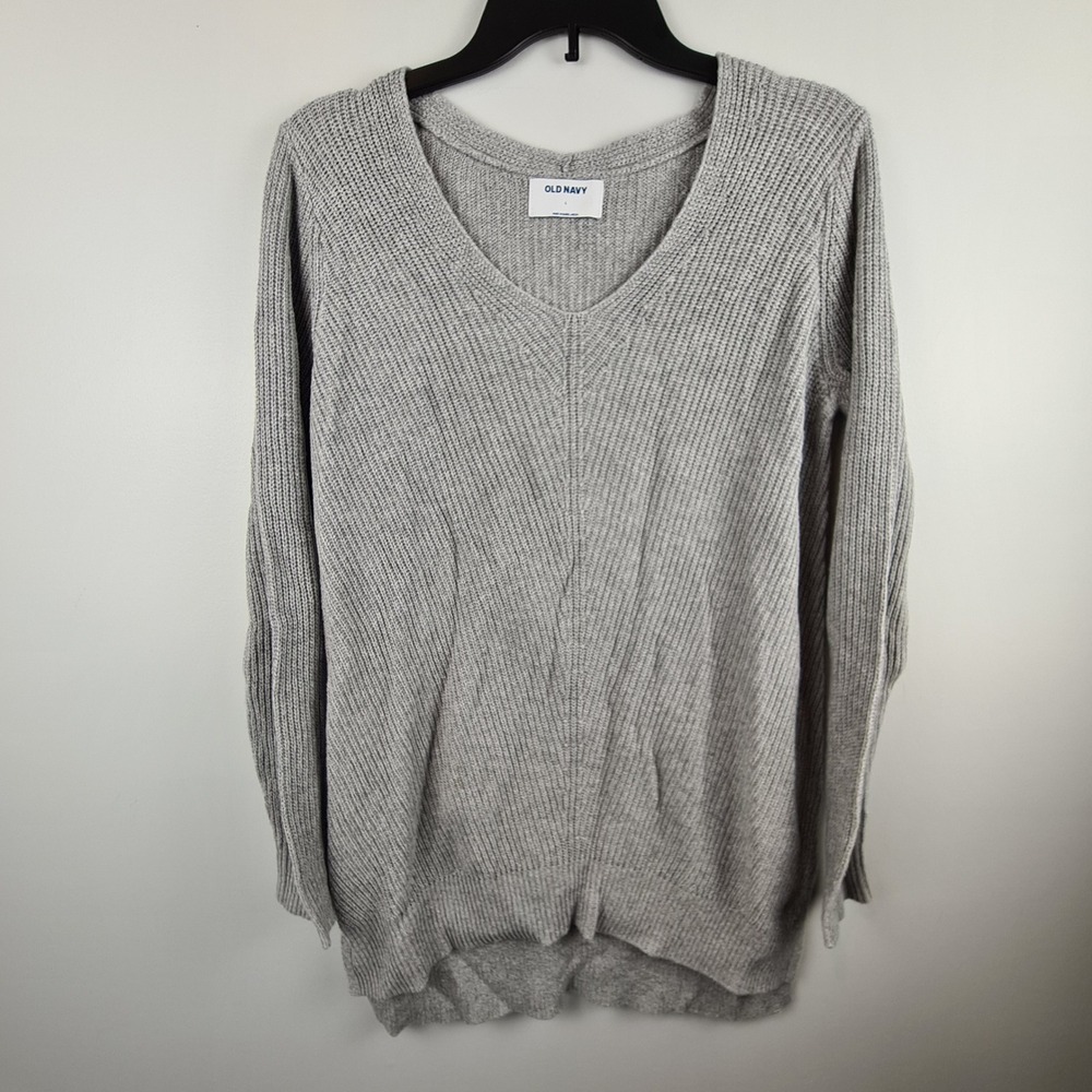Old Navy Womens Gray V-Neck Ribbed Shaker Knit Tunic Sweater Large Cotton Blend